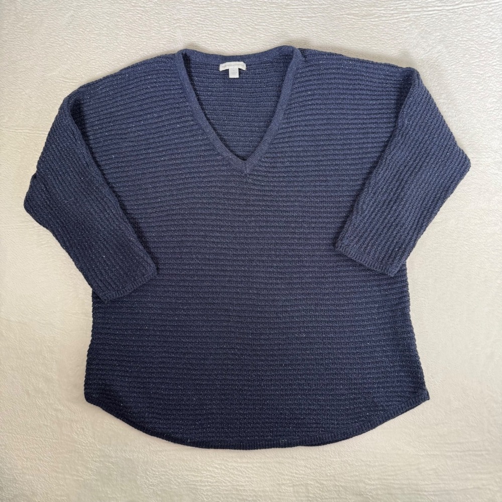 New York & Company Navy Blue Metallic Ribbed V-Neck Sweater XL CN050161
